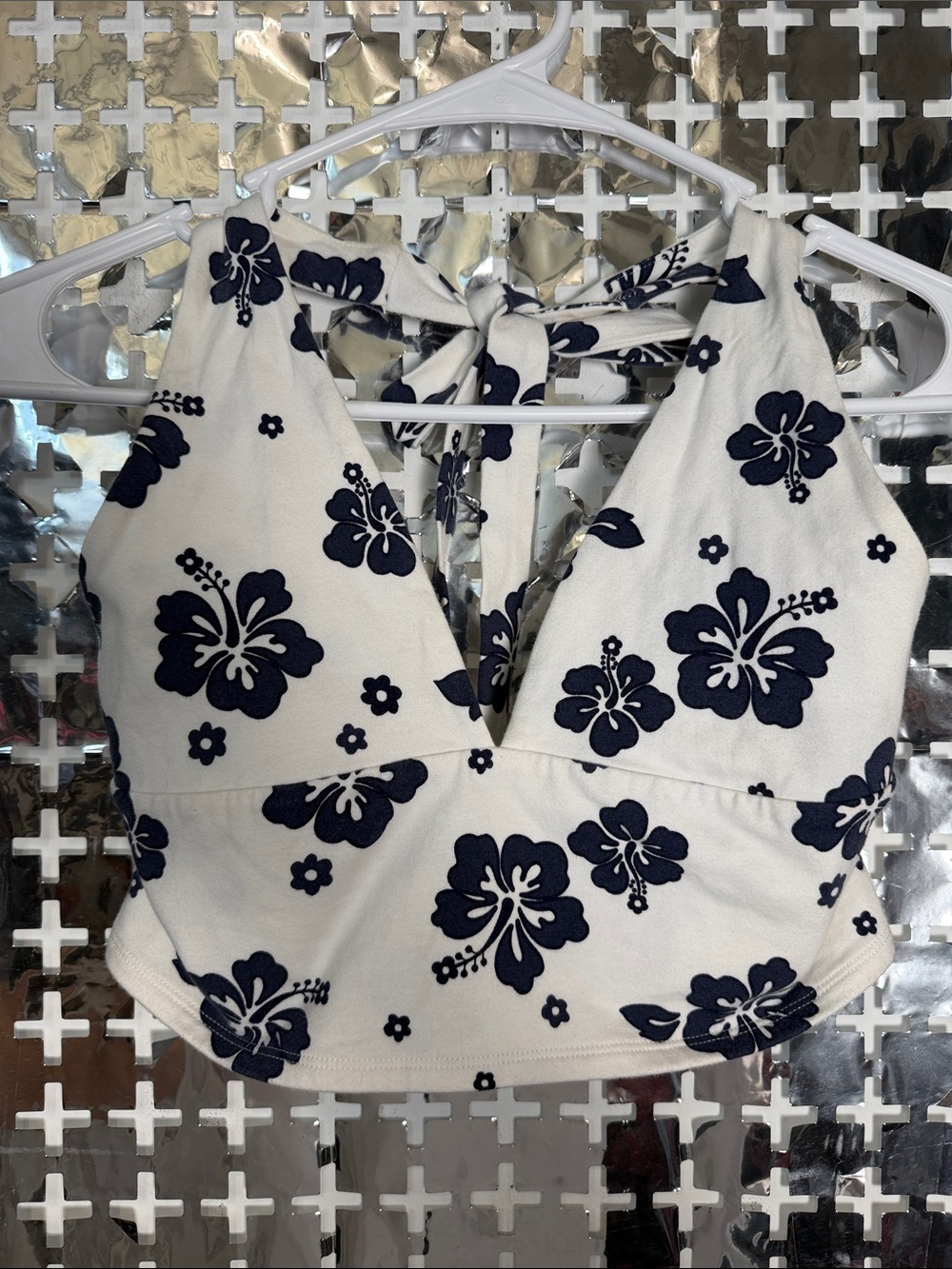 Garage White Halter Camisole with Navy Floral Print